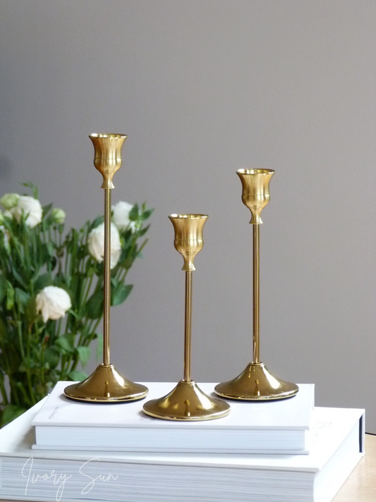 Three gold candle holders on a stack of books with a gray background.
metal candle holders, gold candle holders, golden candle holders, candle holders australia, candle holder, candle holder australia, ivory sun candle holder, candle accessories, wedding candle holders, dinner party candle holders, decor candle holders, twin candle holders, table decor, taper candles