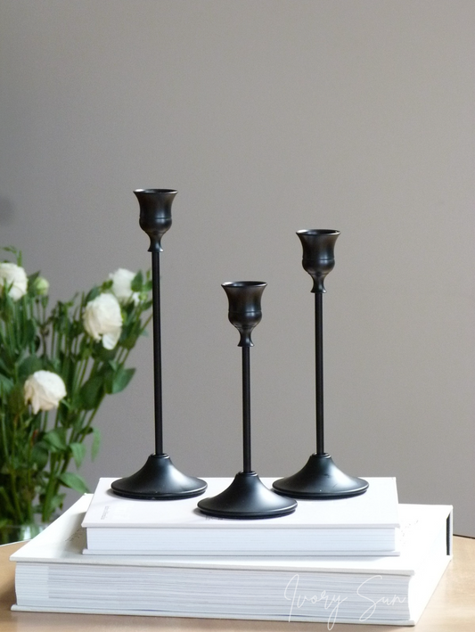 Three black candlesticks on a stack of books with a gray background.
metal candle holders, black candle holders, black candle holders, candle holders australia, candle holder, candle holder australia, ivory sun candle holder, candle accessories, wedding candle holders, dinner party candle holders, decor candle holders, twin candle holders, table decor, taper candles, candle holders set