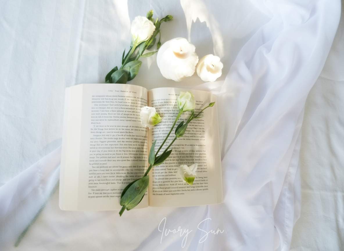 Open book with white flowers on a soft white background, with two Ivory Sun Sculptural Candles next to it.
