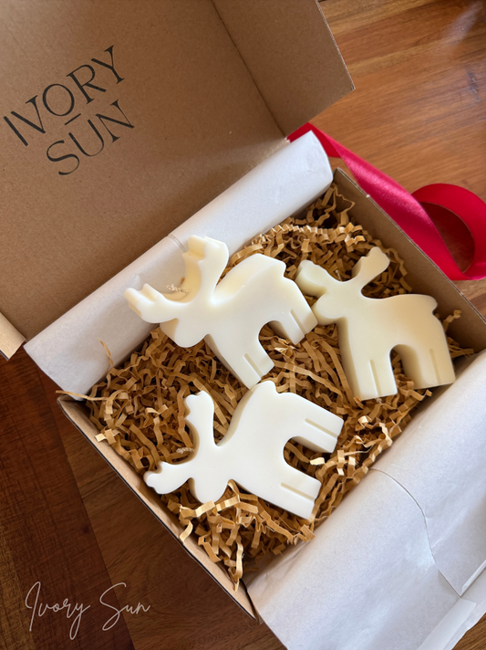 Three white reindeer-shaped candles, nestled in brown paper shred inside an open kraft gift box with the brand name printed on the inside lid. Handmade Christmas candles by Ivory Sun.